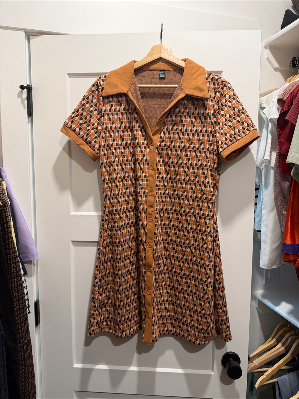 SHEIN Mustard & Rust Geometric Button-Front Mini Dress